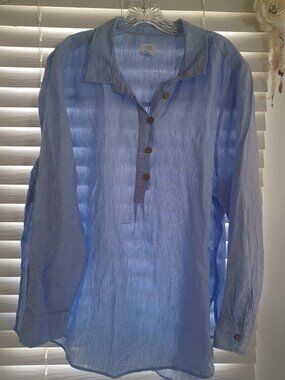 Sigrid Olsen 100% Linen Shirt Women 2X Blue Button Front Tunic Lagenlook Coastal